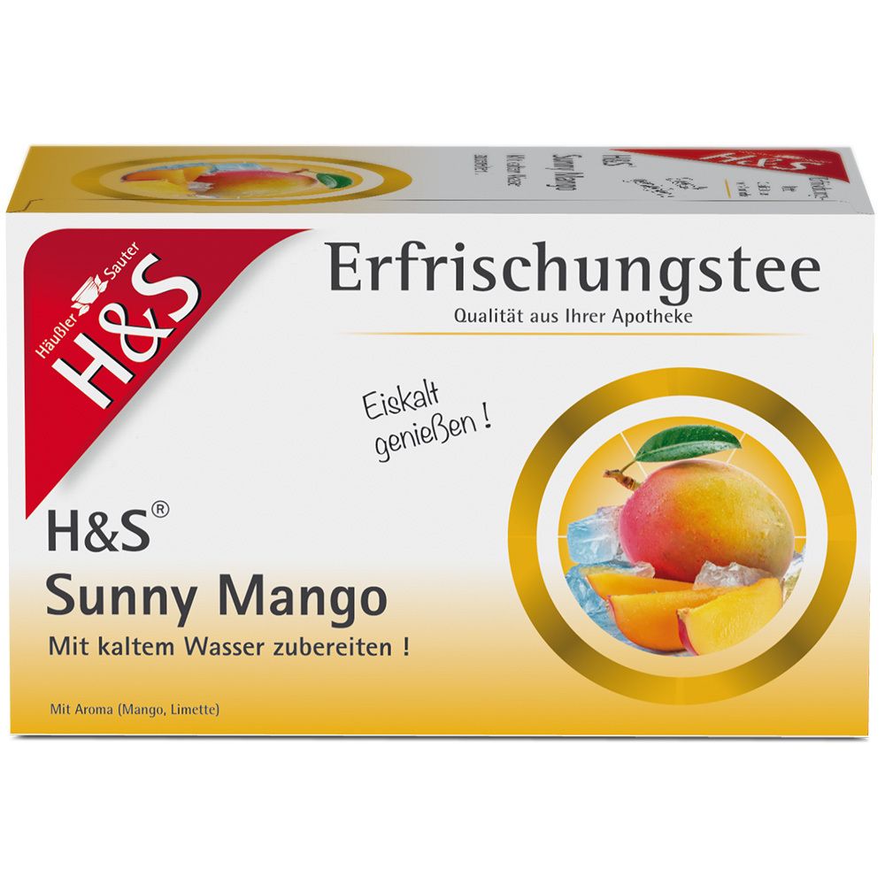 H&S Sunny Mango Erfrischungstee Packung. Mango-Abbildung mit Eiswürfeln. Text: Eiskalt genießen!