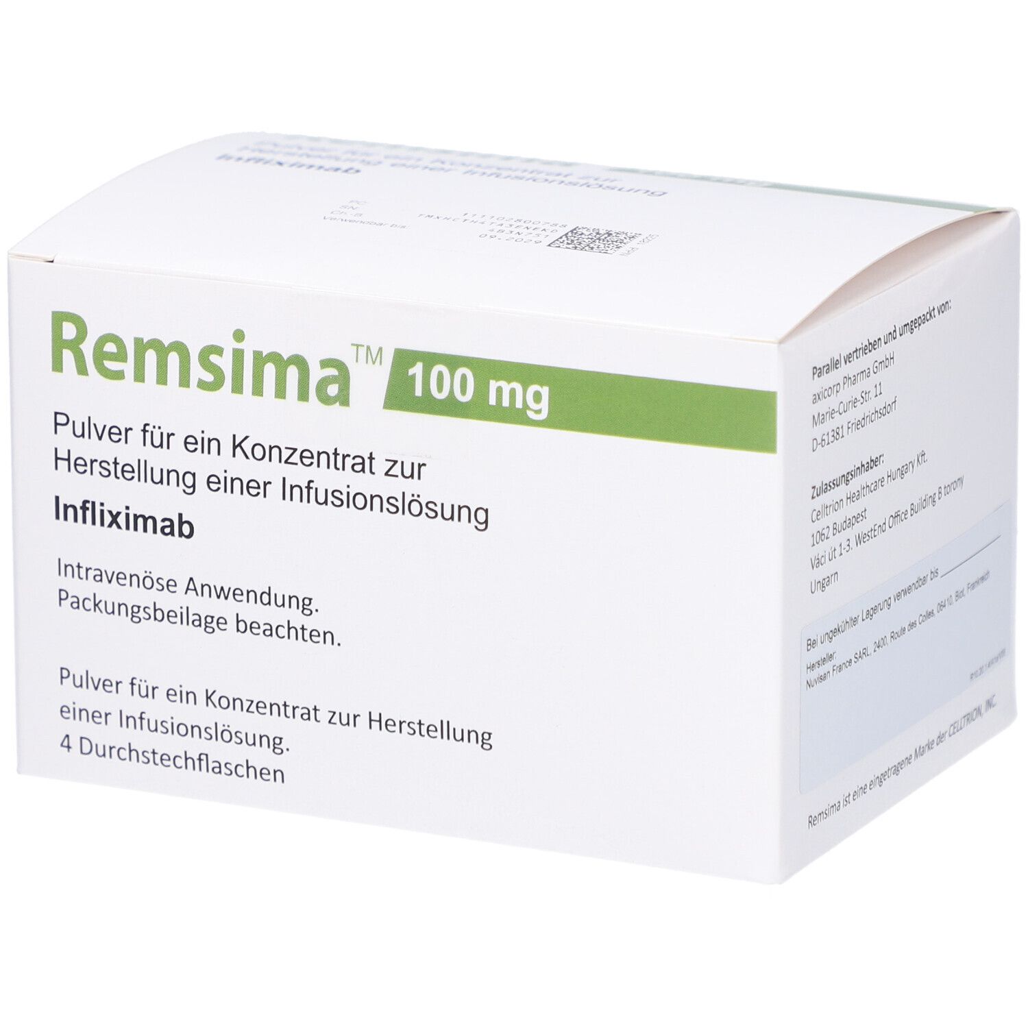 Weißer Karton mit grünen Akzenten. Aufschrift: Remsima 100 mg. Pulver für Infusionslösung. 4 Durchstechflaschen.