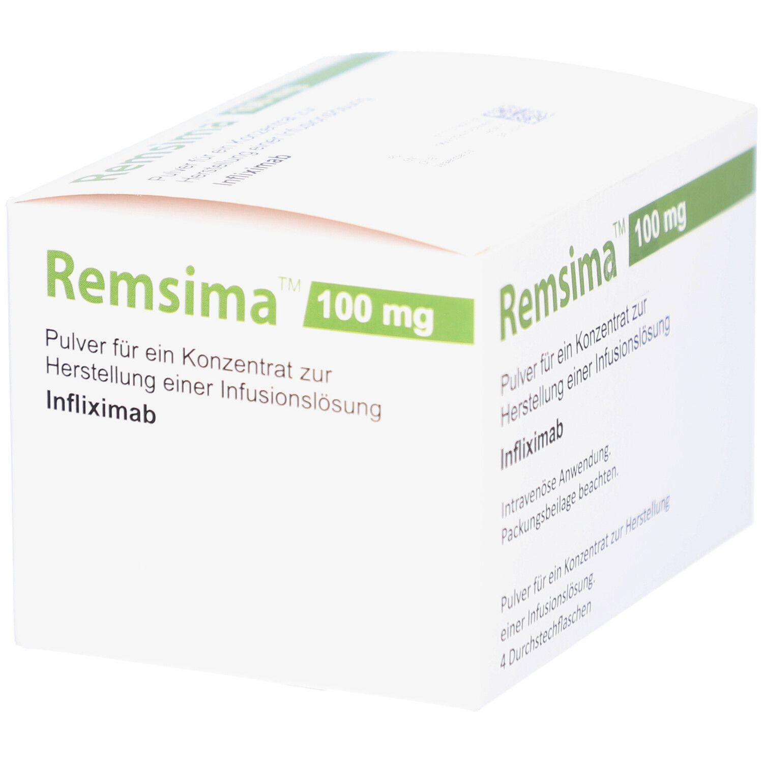 Weißer Karton mit grünen Akzenten. Aufschrift: Remsima 100 mg. Pulver für Infusionslösung. Infliximab.
