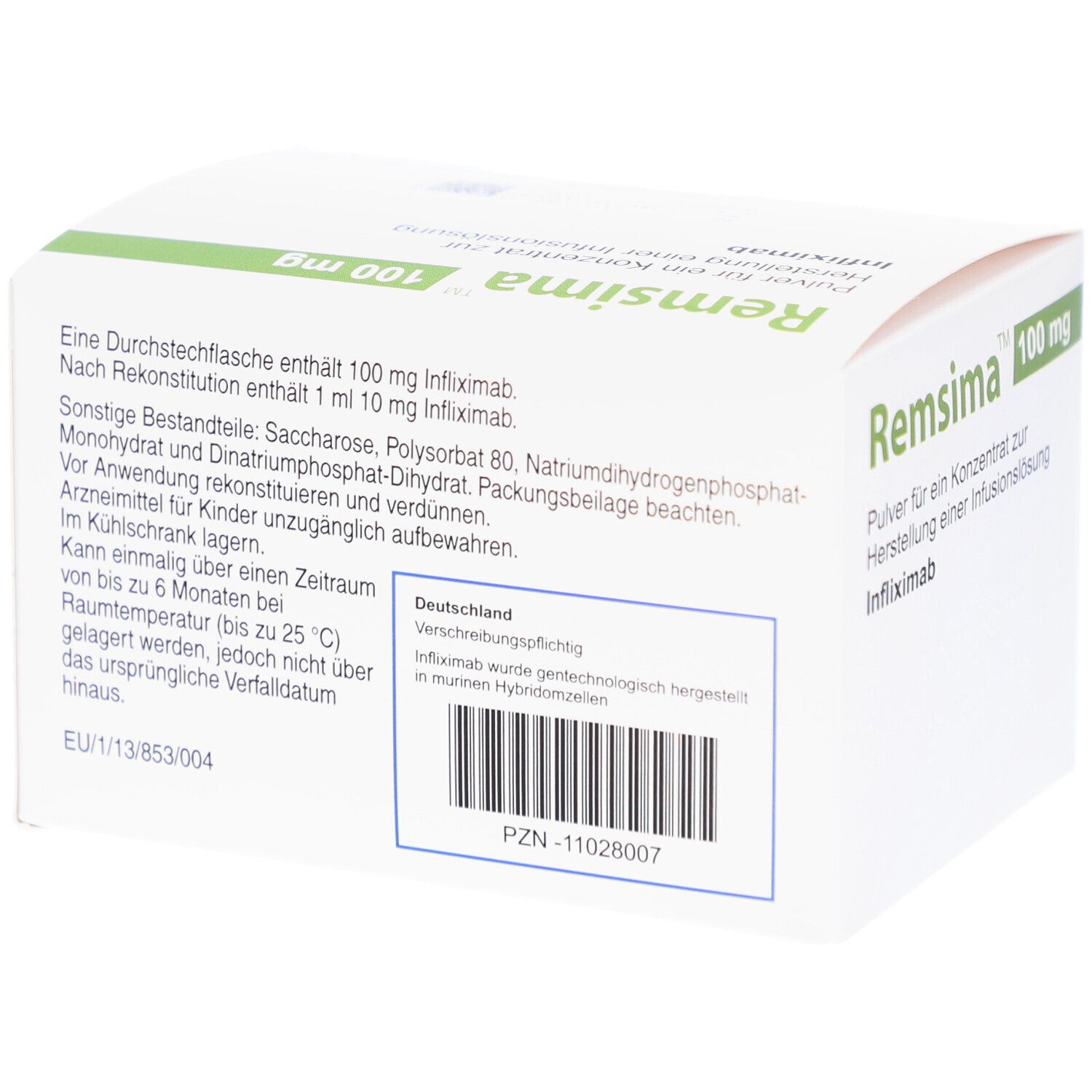 Rückseite der weißen Kartonverpackung. Aufschrift: Remsima 100 mg. Informationen zu Inhaltsstoffen und Lagerung.