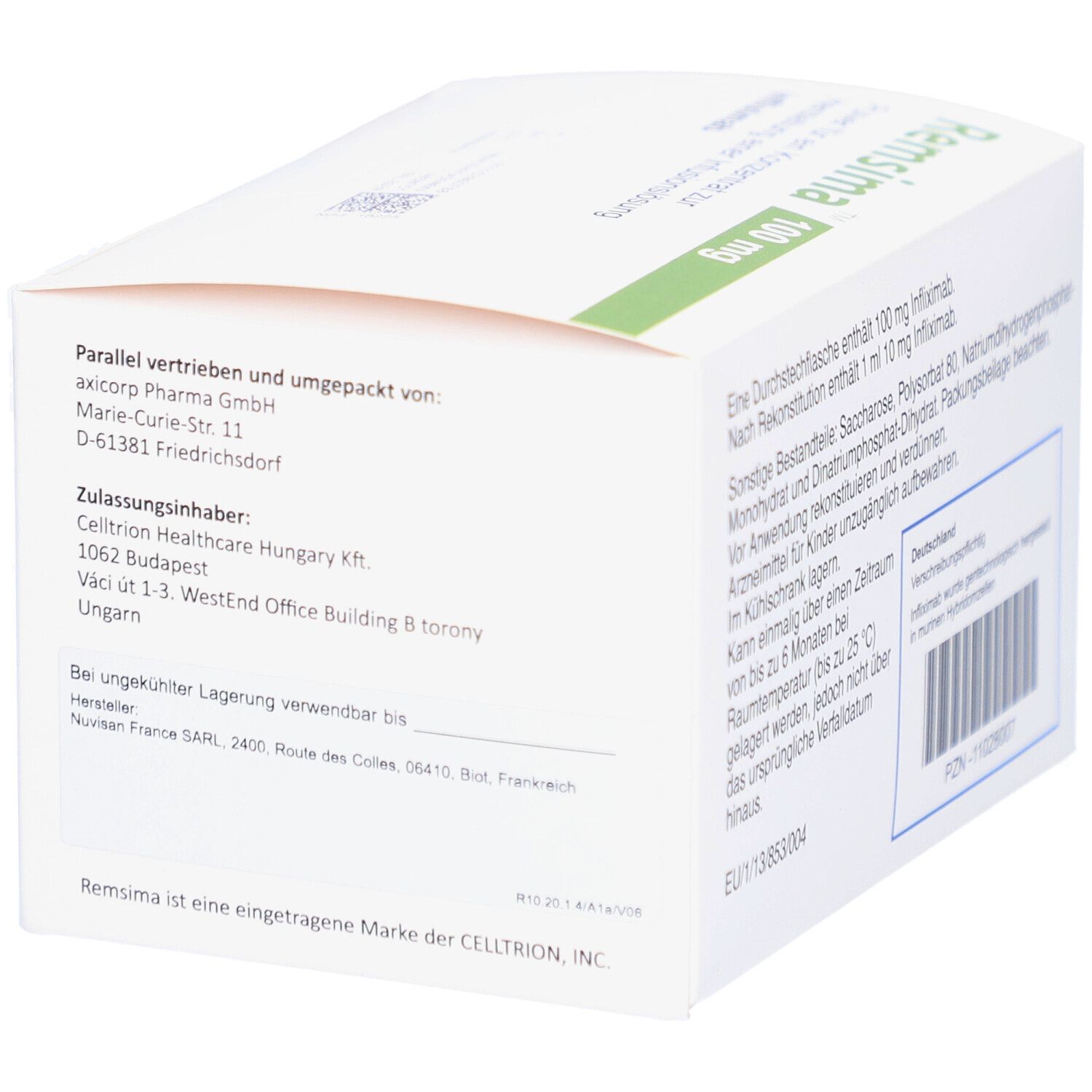 Rückseite der weißen Kartonverpackung. Aufschrift: Remsima 100 mg. Informationen zum Vertrieb und Hersteller.