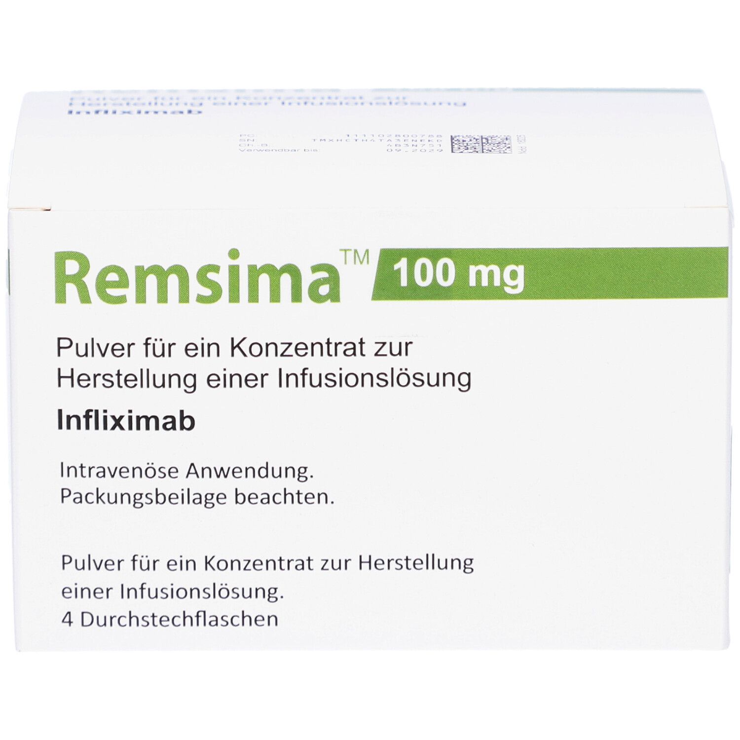 Weißer Karton mit grünen Akzenten. Aufschrift: Remsima 100 mg. Pulver für Infusionslösung. Infliximab.
