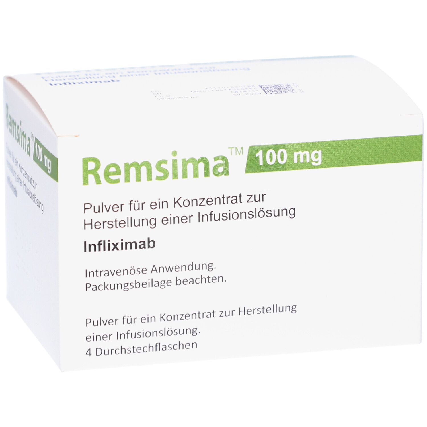 Weißer Karton mit grünen Akzenten. Aufschrift: Remsima 100 mg. Pulver für Infusionslösung. Infliximab.