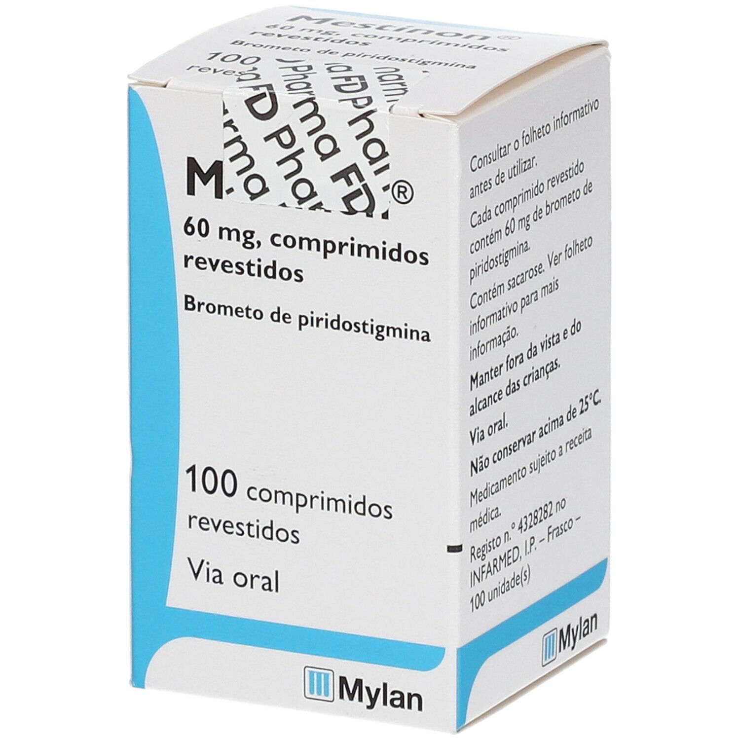 Mestinon 60 mg Tablettenpackung. Enthält 100 Tabletten. Blaue und weiße Verpackung mit Produktinformationen und Mylan-Logo.