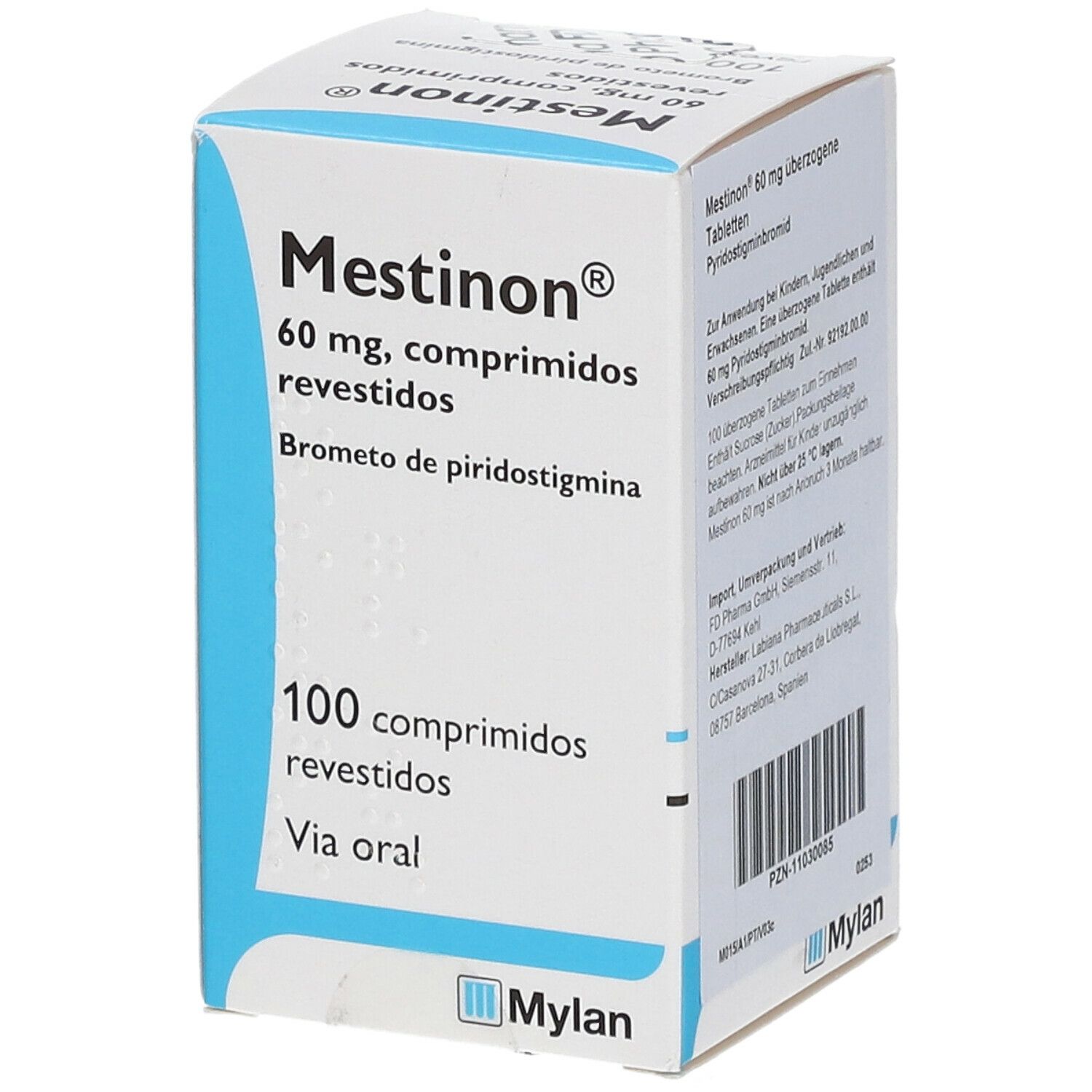Mestinon 60 mg Tablettenpackung. Enthält 100 Tabletten. Blaue und weiße Verpackung mit Produktinformationen und Mylan-Logo.