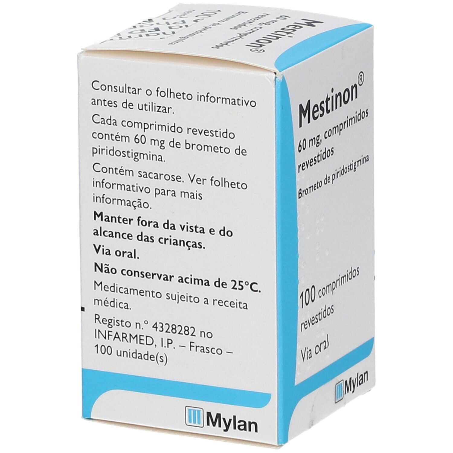 Mestinon 60 mg Tablettenpackung. Enthält 100 Tabletten. Blaue und weiße Verpackung mit Produktinformationen und Mylan-Logo.