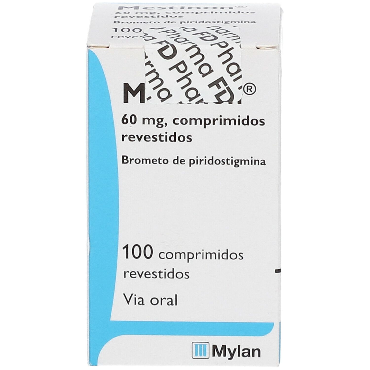 Mestinon 60 mg Tablettenpackung. Enthält 100 Tabletten. Blaue und weiße Verpackung mit Produktinformationen und Mylan-Logo.