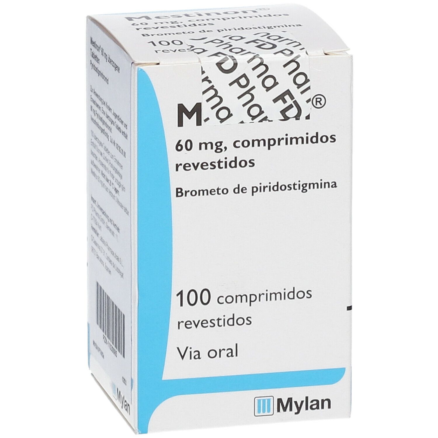 Mestinon 60 mg Tablettenpackung. Enthält 100 Tabletten. Blaue und weiße Verpackung mit Produktinformationen und Mylan-Logo.
