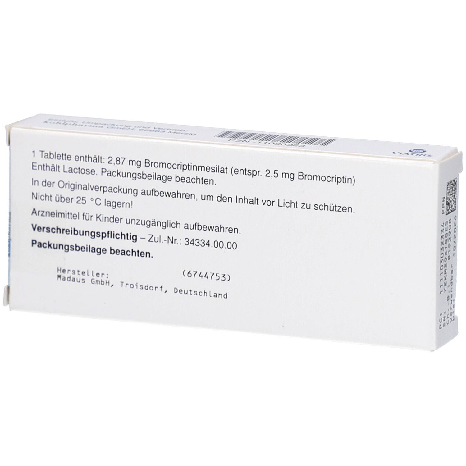 Rückseite der Parlodel 2,5 mg Tabletten-Schachtel. Textinformationen und Herstellerangaben.
