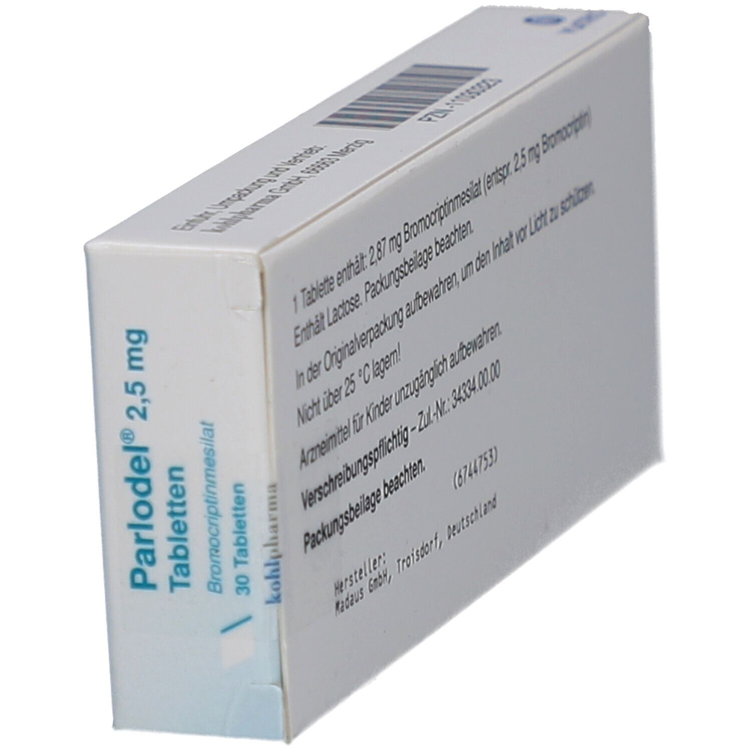 Perspektivische Ansicht der Rückseite der Parlodel 2,5 mg Tabletten-Schachtel. Text.