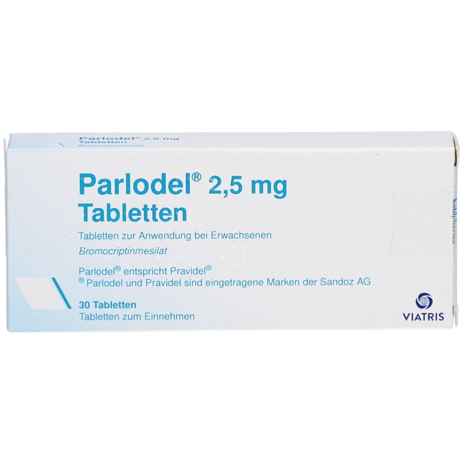 Schachtel mit Parlodel 2,5 mg Tabletten. Blaue Schrift auf weißem Grund. Viatris Logo.