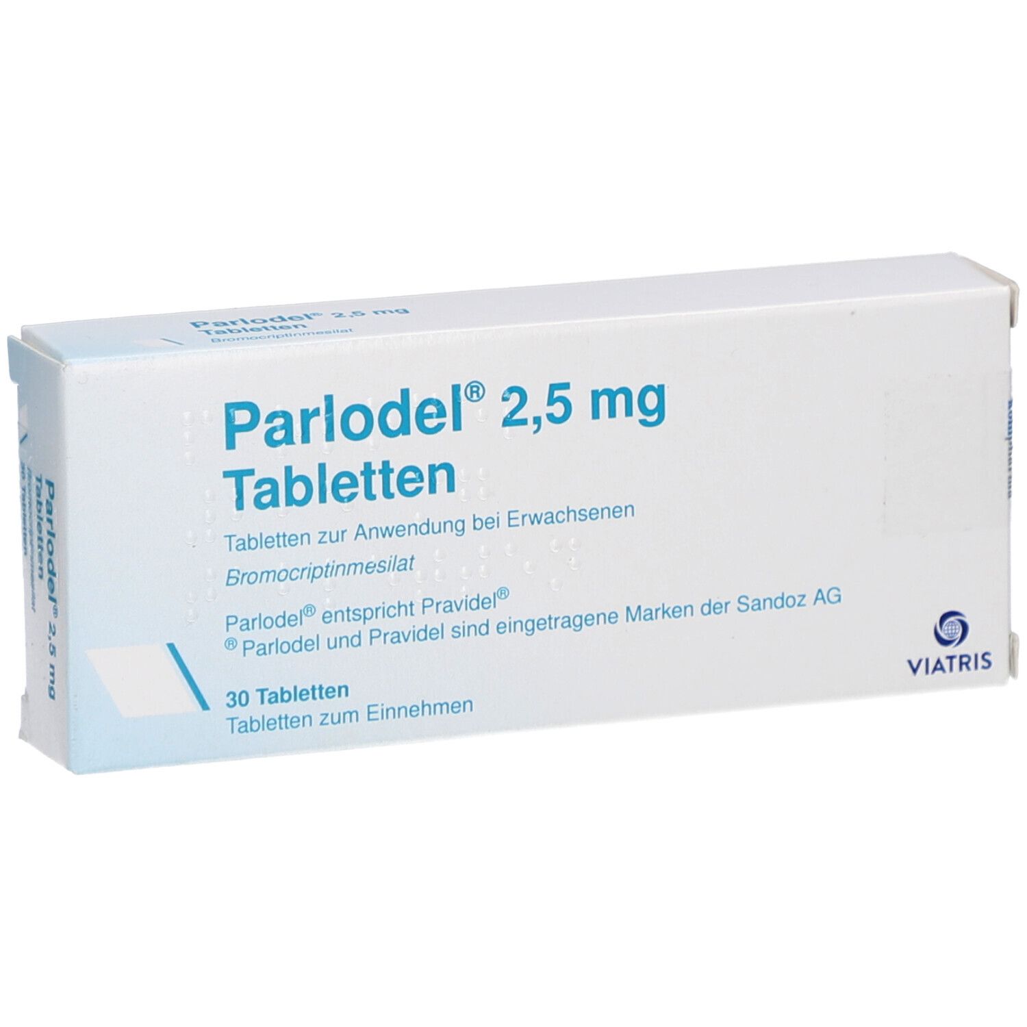 Schachtel mit Parlodel 2,5 mg Tabletten. Blaue Schrift auf weißem Grund. Viatris Logo.
