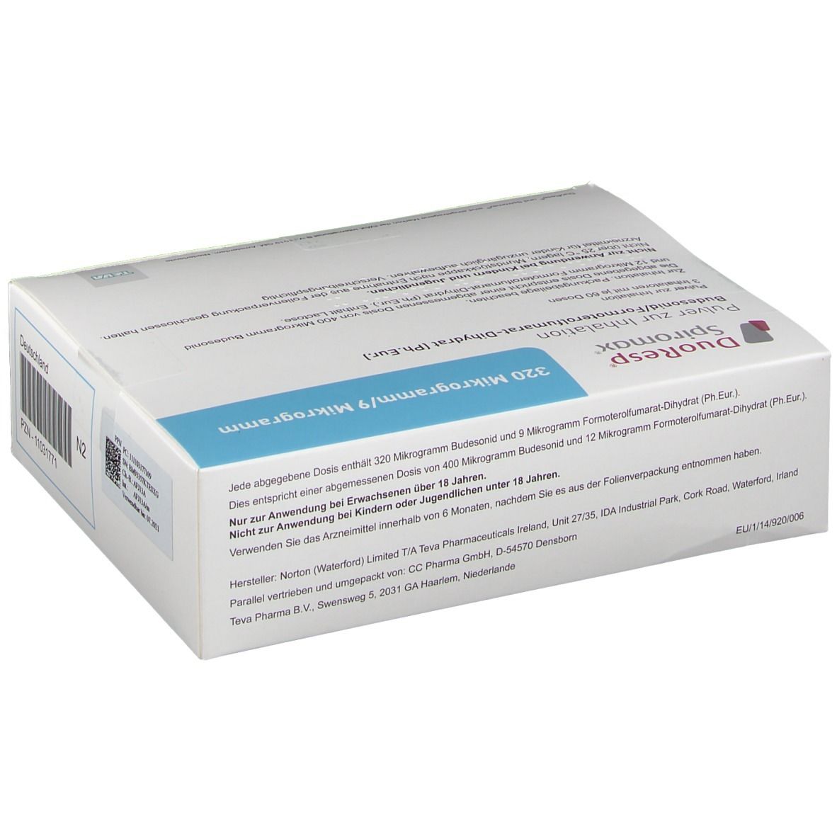 Weiße Schachtel mit blauer Ecke. Aufschrift: DuoResp Spiromax, 320 Mikrogramm/9 Mikrogramm. Text in Deutsch. Mit Barcode.