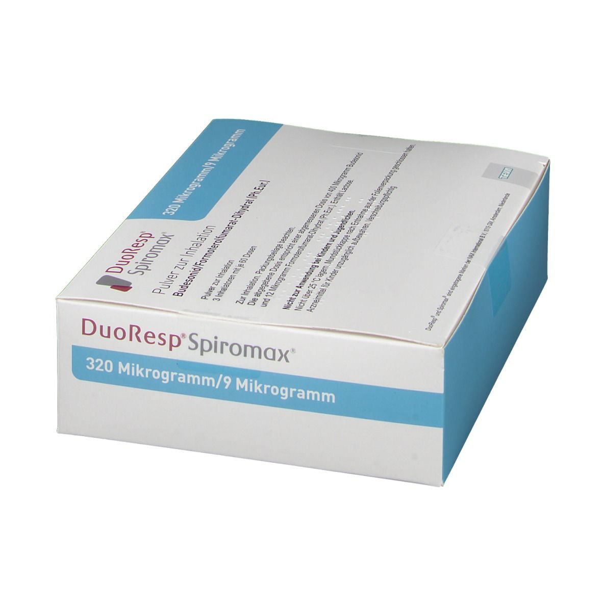 Weiße Schachtel mit blauer Ecke. Aufschrift: DuoResp Spiromax, 320 Mikrogramm/9 Mikrogramm. Text in Deutsch.
