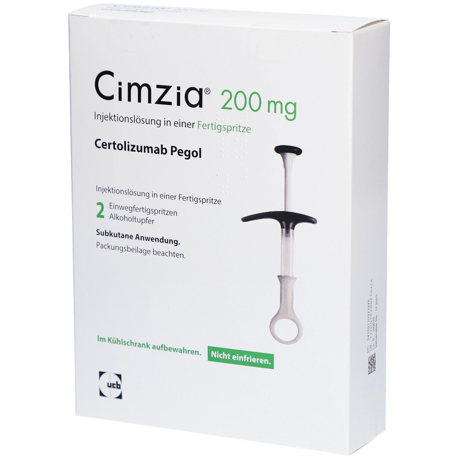 Weiße Schachtel mit Cimzia 200 mg. Fertigspritze abgebildet. Text: Injektionslösung, Certolizumab Pegol, 2 Alkoholtupfer. Aufbewahrung im Kühlschrank.