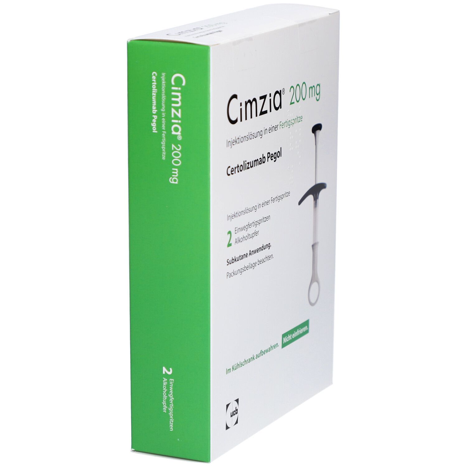 Weiße Schachtel, grüne Seite, Cimzia 200 mg. Fertigspritze abgebildet. Text: Injektionslösung, Certolizumab Pegol, 2 Alkoholtupfer. Aufbewahrung im Kühlschrank.