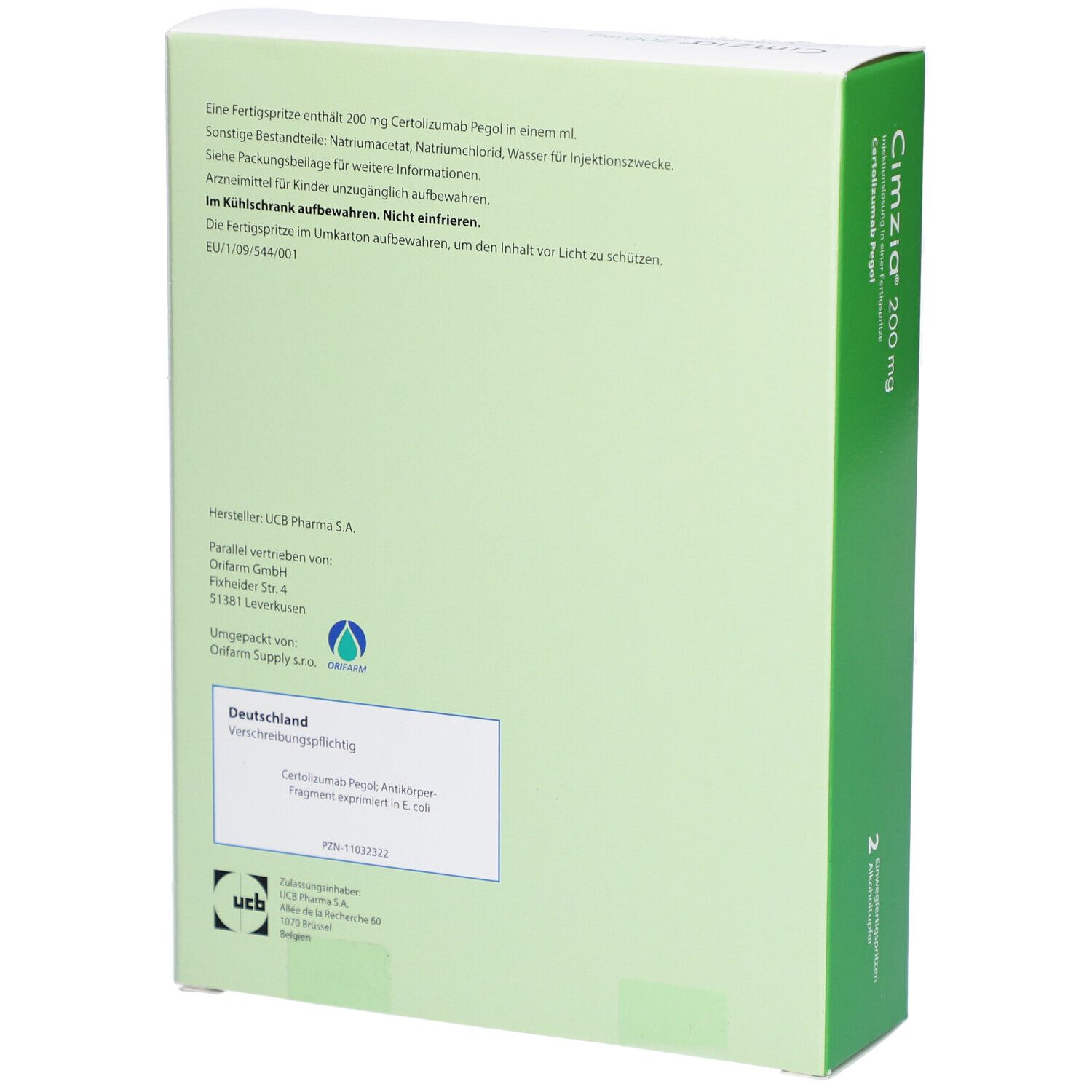 Rückseite der Schachtel. Text: Fertigspritze enthält 200 mg Certolizumab Pegol. Anschrift des Herstellers. UCB Pharma SA. Kühl lagern. Nicht einfrieren.