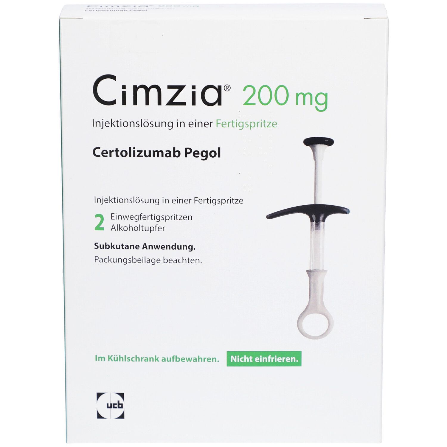 Weiße Schachtel mit Cimzia 200 mg. Fertigspritze abgebildet. Text: Injektionslösung, Certolizumab Pegol, 2 Alkoholtupfer. Aufbewahrung im Kühlschrank.