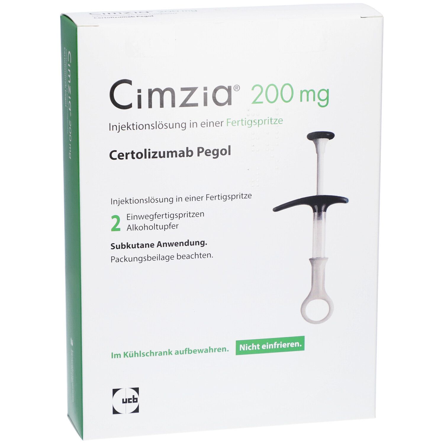 Weiße Schachtel mit grüner Seite. Cimzia 200 mg. Fertigspritze abgebildet. Text: Injektionslösung, Certolizumab Pegol, 2 Alkoholtupfer. Aufbewahrung im Kühlschrank.