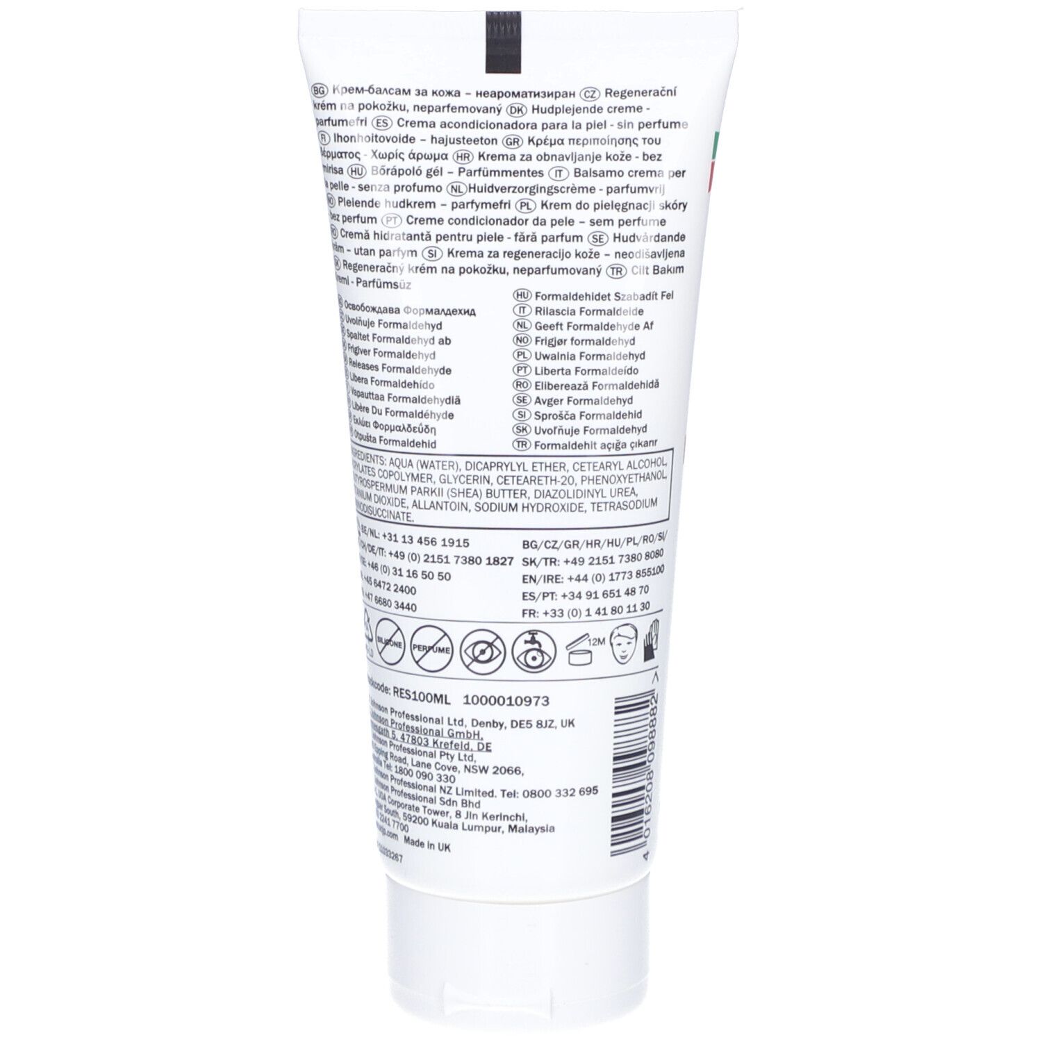 Rückseite der weißen Tube. Enthält Text in mehreren Sprachen, Inhaltsstoffe und Kontaktinformationen. Schwarze Schrift auf weißem Grund.