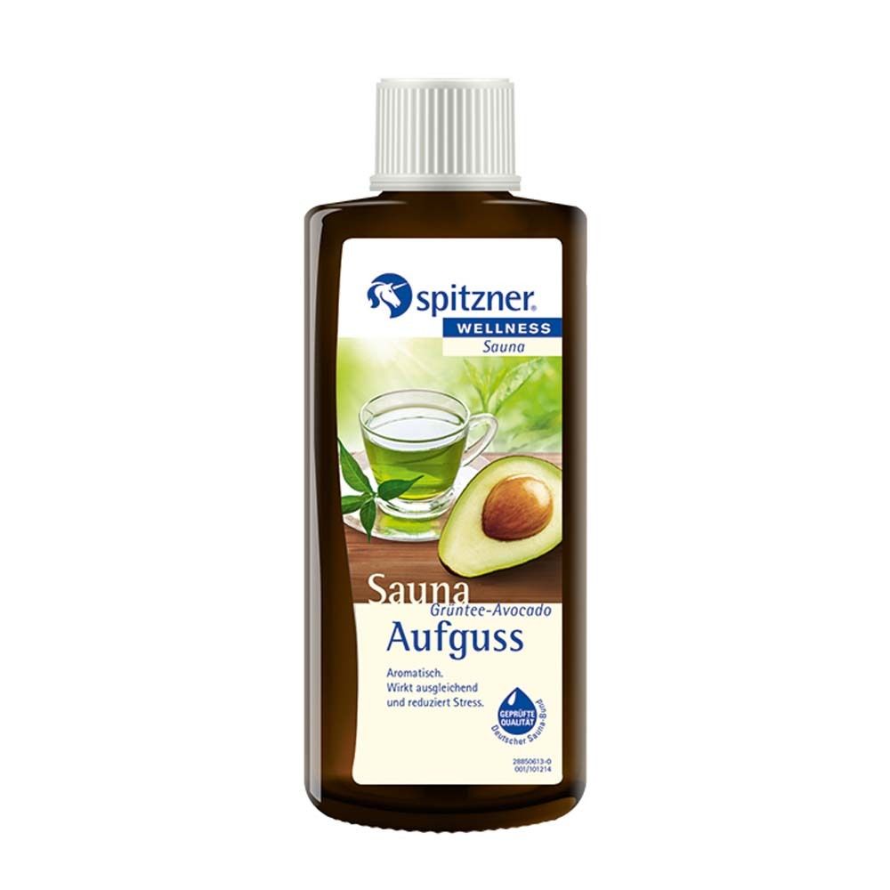 Braune Flasche mit weißem Deckel. Etikett mit Logo, Avocado und Grüntee-Abbildung. Text: Sauna Aufguss, Grüntee-Avocado.