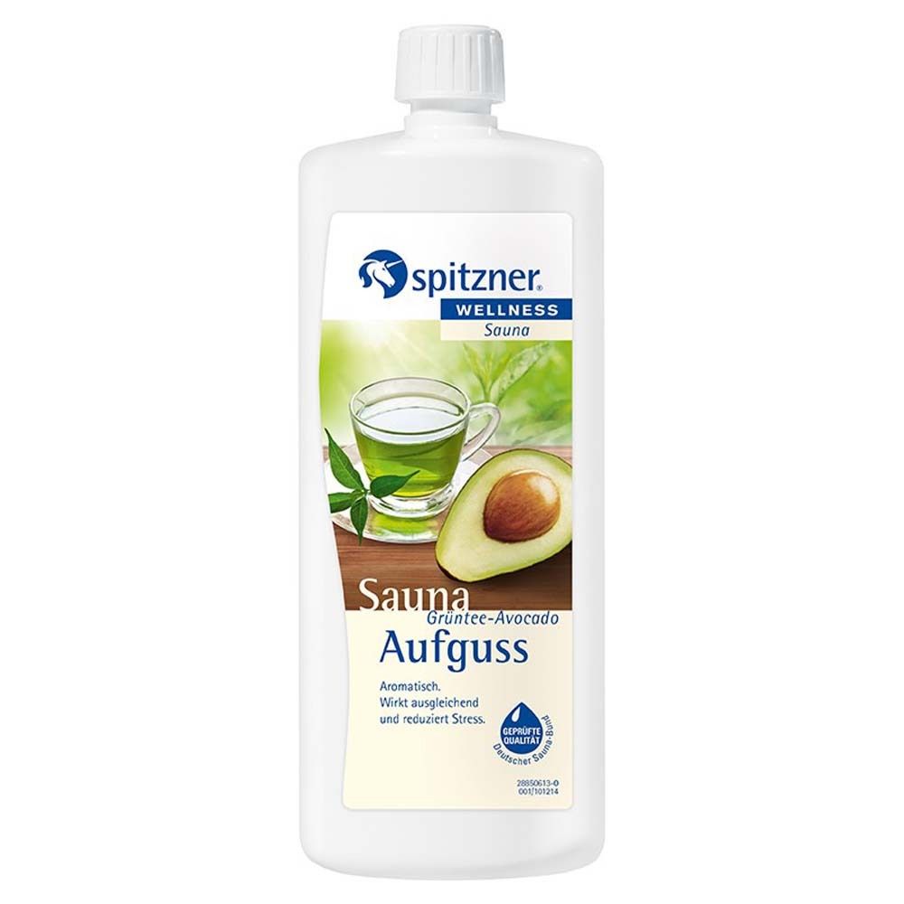 Weiße Flasche mit Aufdruck. Logo und Schriftzug Spitzner. Abbildung von Avocado und Grüntee. Produktbezeichnung: Sauna Aufguss Grüntee-Avocado.
