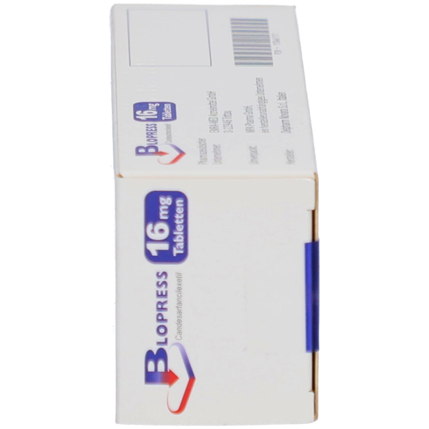 Blopress 16 mg Tabletten-Packung. Enthält 98 Tabletten. Marke Takeda. Weiße Schachtel mit blauen und roten Akzenten.