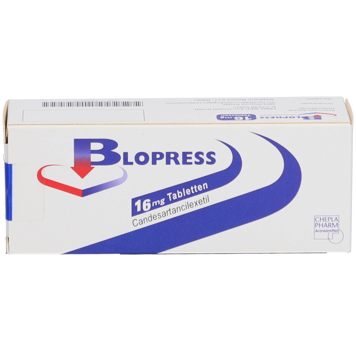 Blopress 16 mg Packung, Seitenansicht. Weiße Schachtel mit blauen und roten Streifen. Marke Takeda.