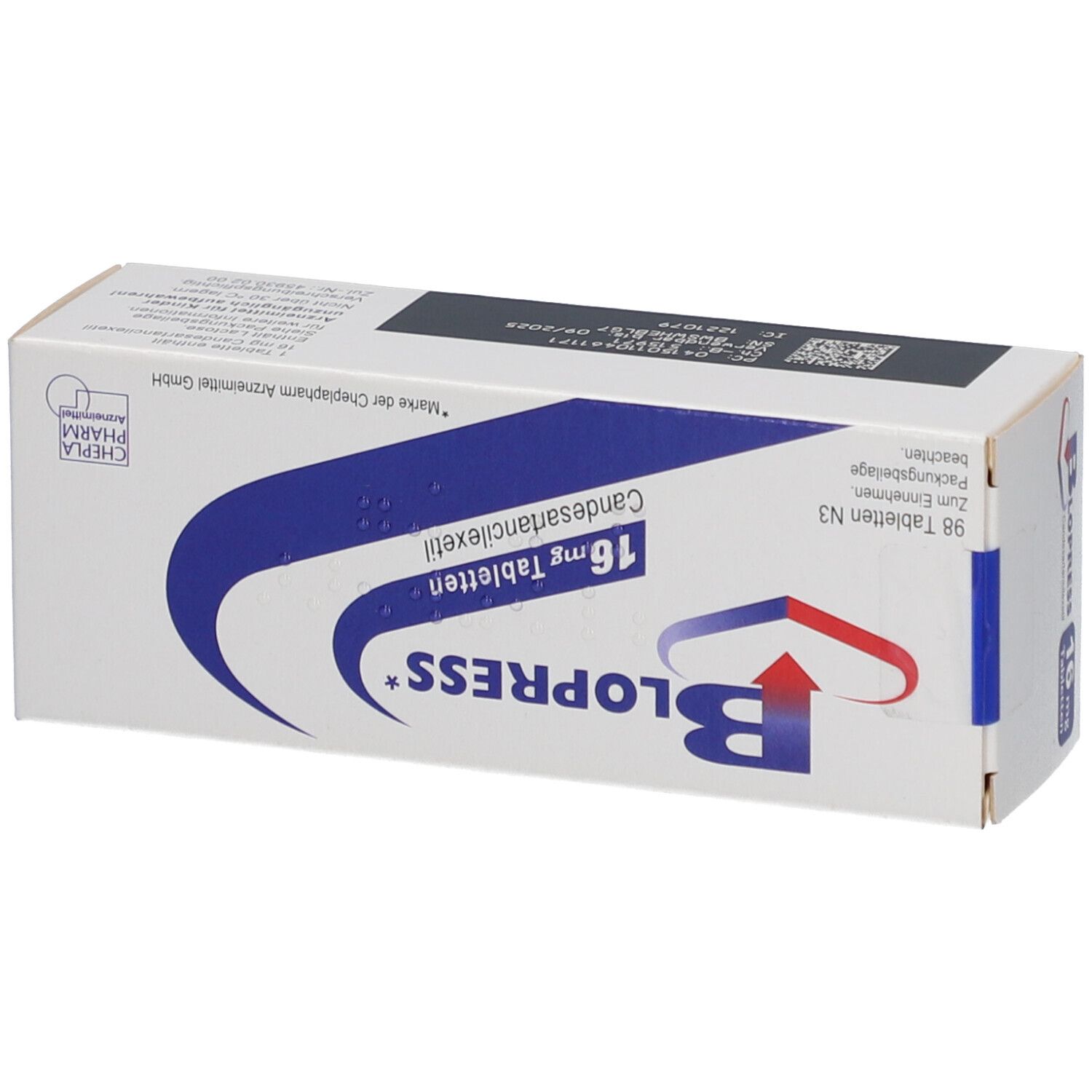 Rückseite der Blopress 16 mg Packung. Enthält Informationen zu Hersteller und Inhaltsstoffen. Marke EMRA med.
