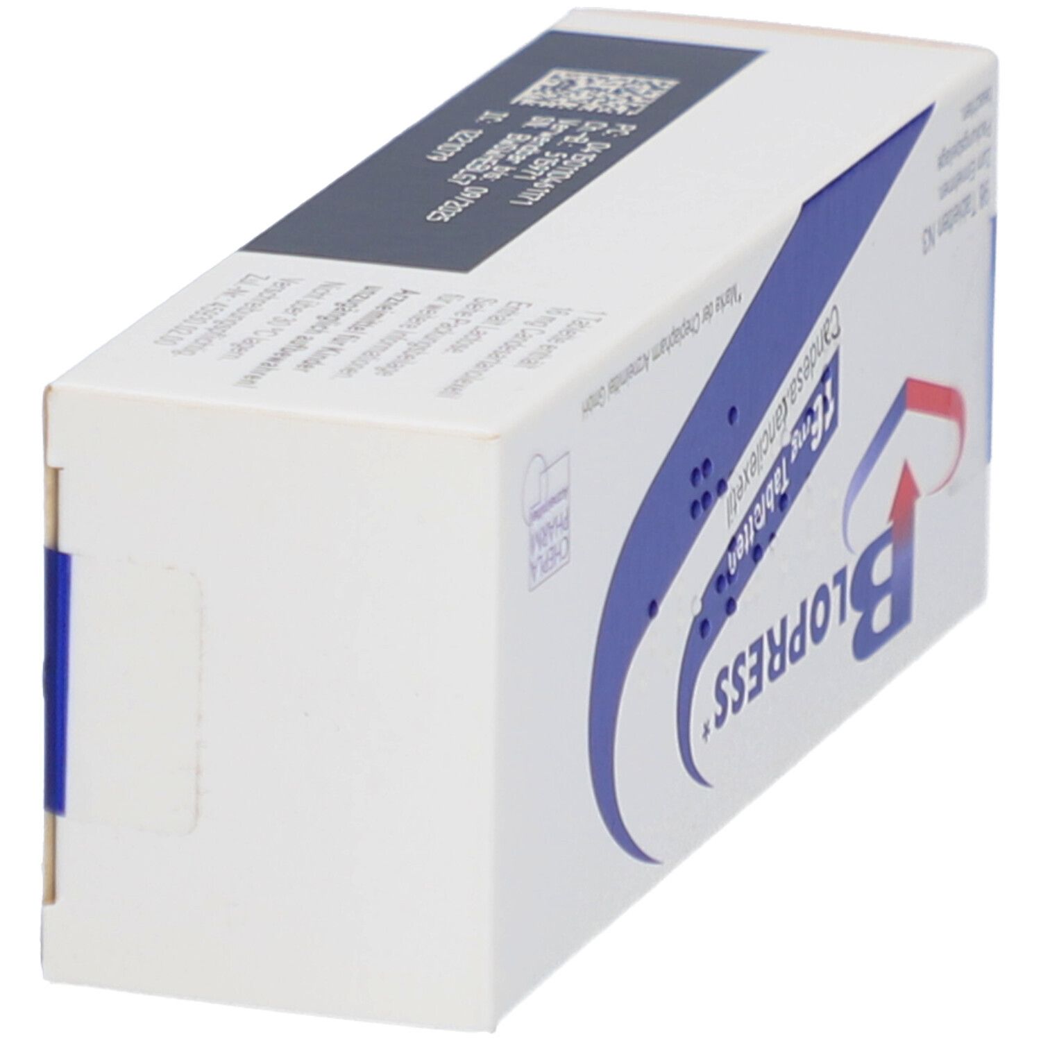 Seitenansicht der Blopress 16 mg Packung. Informationen zu Hersteller und Inhaltsstoffen. Marke EMRA med.