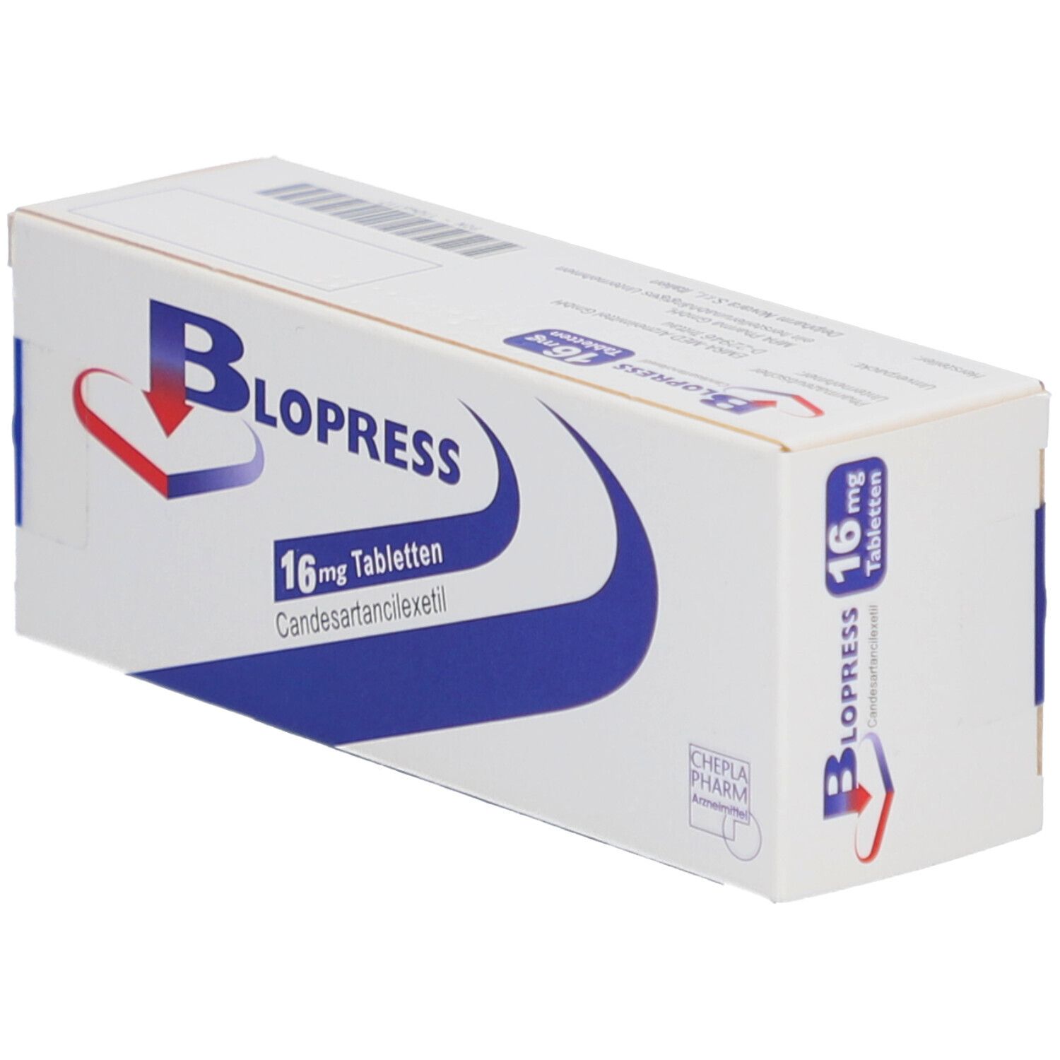 Blopress 16 mg Tabletten-Packung. Enthält 98 Tabletten. Marke Takeda. Weiße Schachtel mit blauen und roten Akzenten.