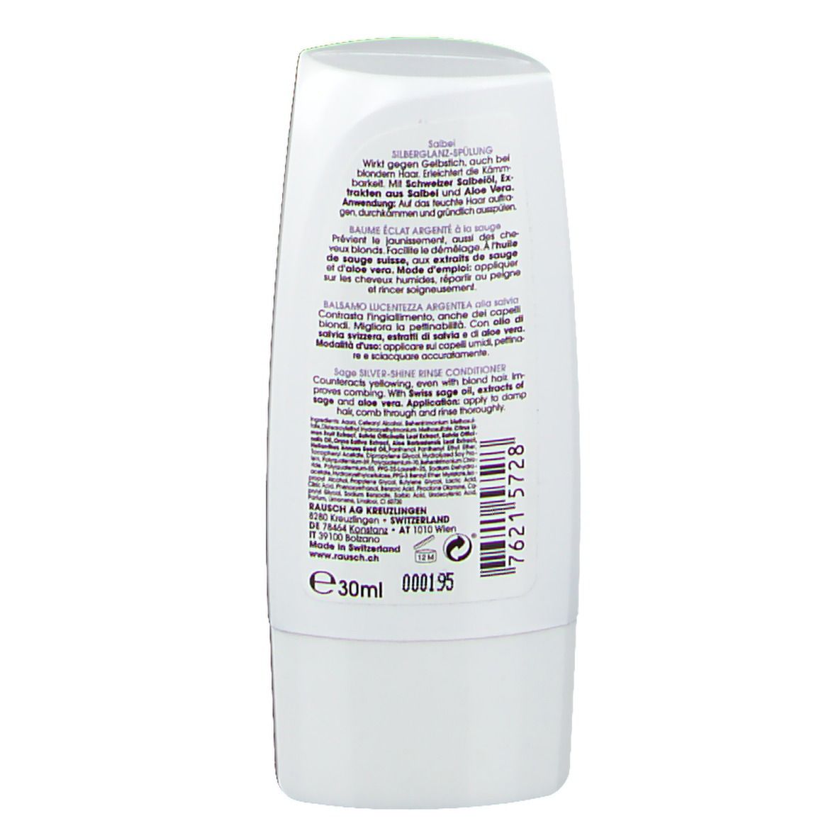 Rückseite der weißen Flasche. Text in mehreren Sprachen. Aufschrift: e30ml. Barcode.