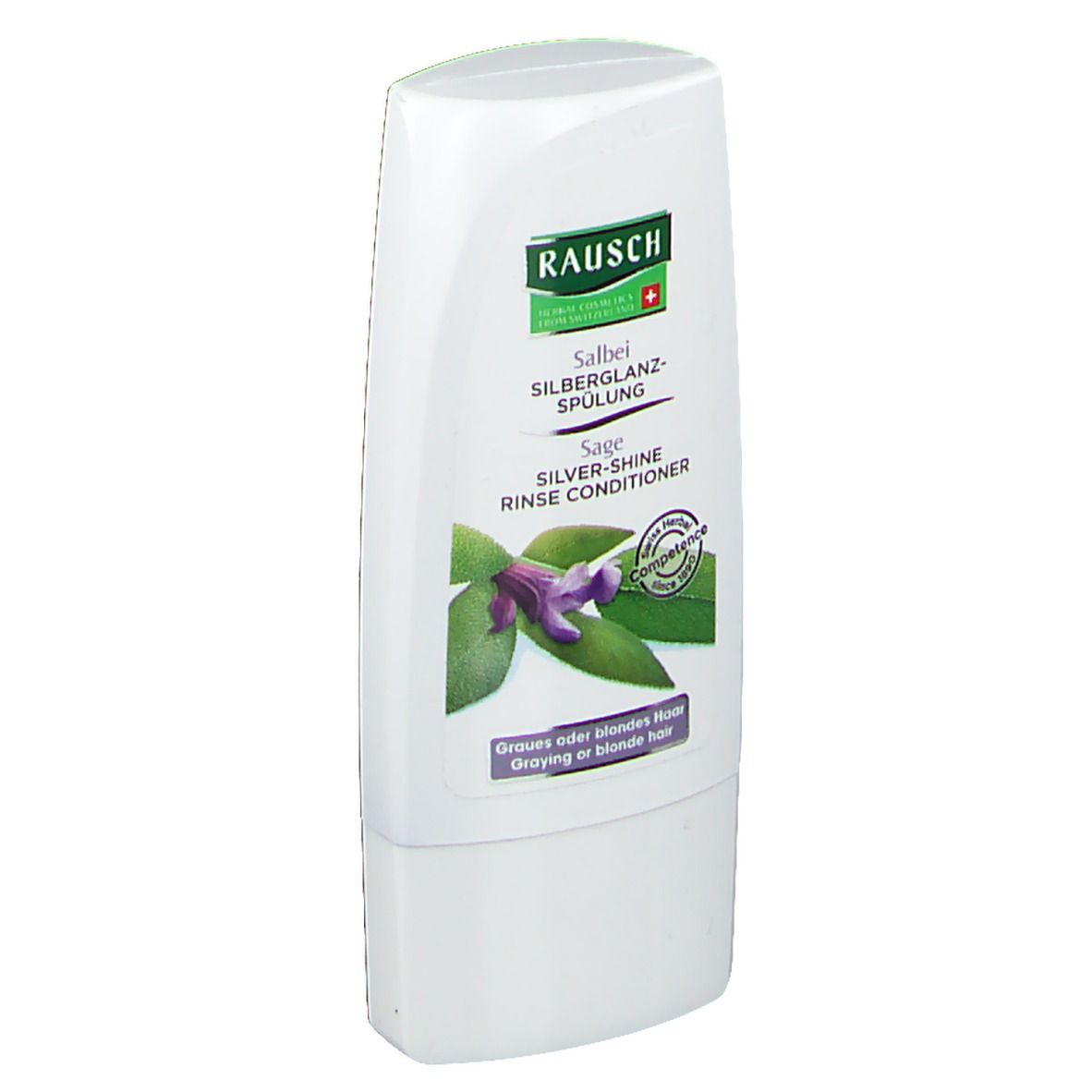Weiße Flasche mit Produktetikett. Aufschrift: RAUSCH, Salbei Silberglanz-Spülung, Sage Silver-Shine Rinse Conditioner. Abbildung von Salbei.
