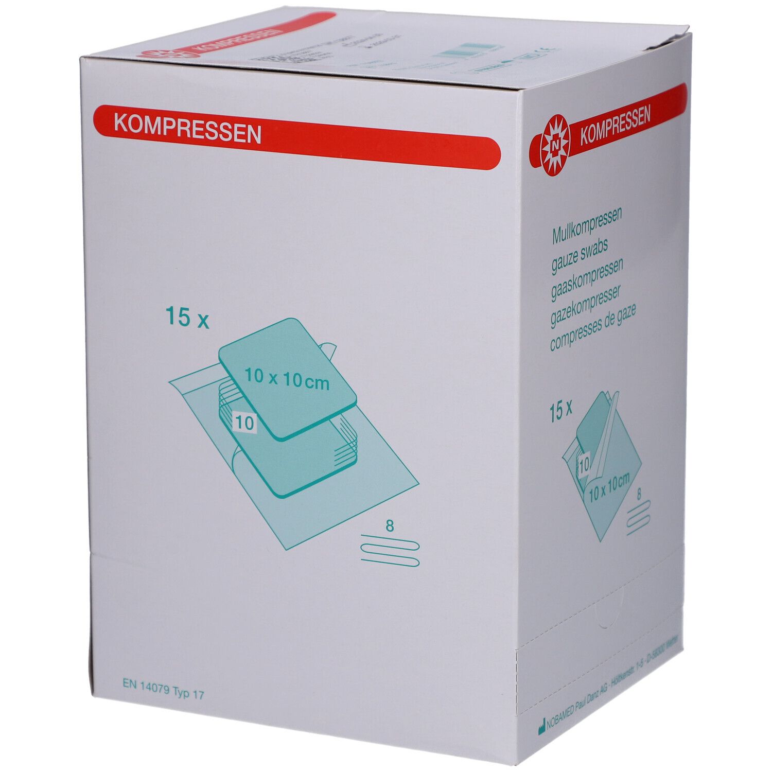 Weißer Karton mit roter Beschriftung. Aufdruck: Mullkompressen, 15 Stück, 10x10 cm. Marke: NOBAMED.