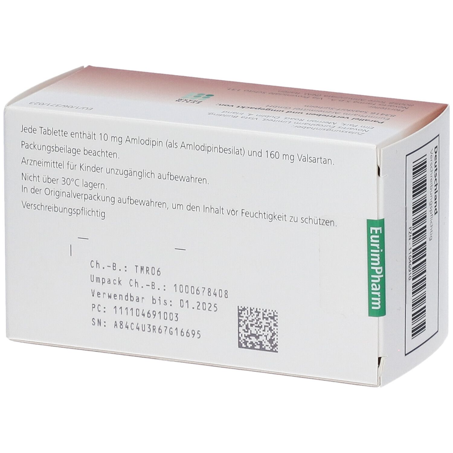 Rückseite der Dafiro 10 mg/160 mg Packung. Enthält Informationen zu Inhaltsstoffen, Lagerung und Verfallsdatum.