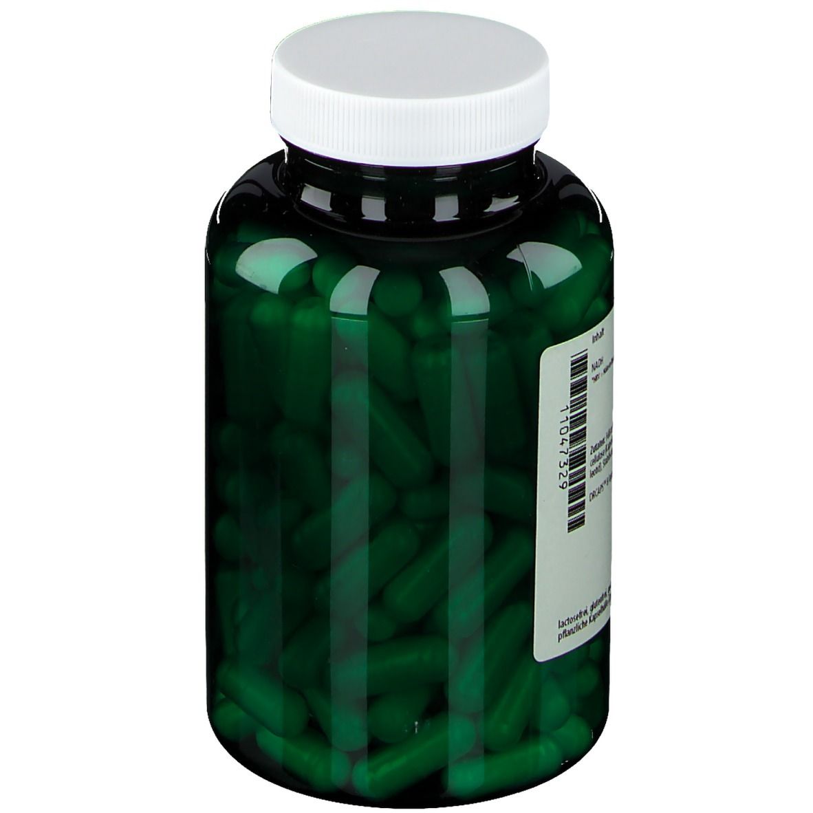 Seitenansicht der grünen Kapseln in einer grünen Plastikflasche mit weißem Deckel. Etikett mit Text.