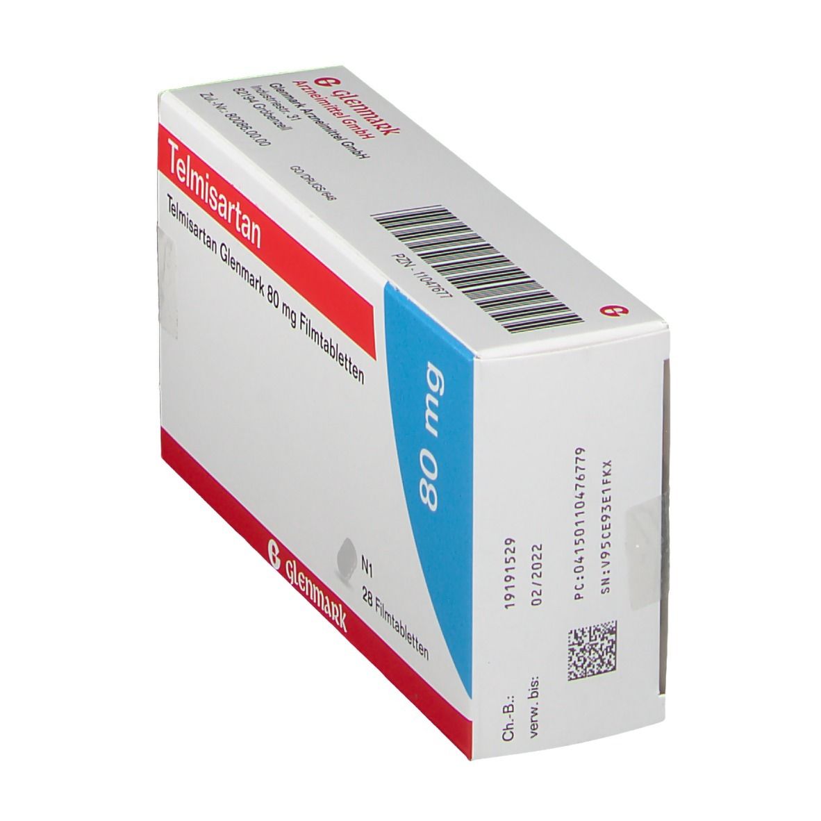 Schachtel mit Telmisartan Glenmark 80 mg Filmtabletten. Blaue Akzente, Glenmark-Logo. Rückseite mit Barcode und Daten.