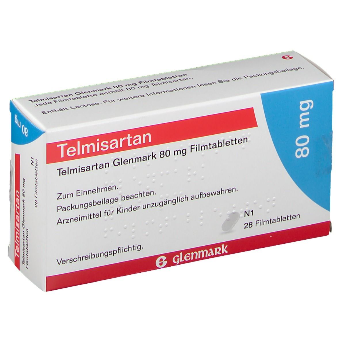 Schachtel mit Telmisartan Glenmark 80 mg Filmtabletten. Blaue und rote Akzente, Glenmark-Logo. Text auf Deutsch.