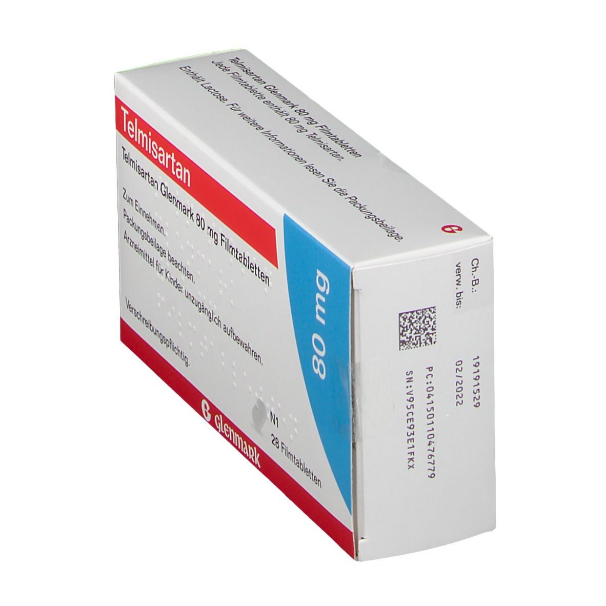 Schachtel mit Telmisartan Glenmark 80 mg Filmtabletten. Blaue Akzente, Glenmark-Logo. Text auf Deutsch, Rückseite.