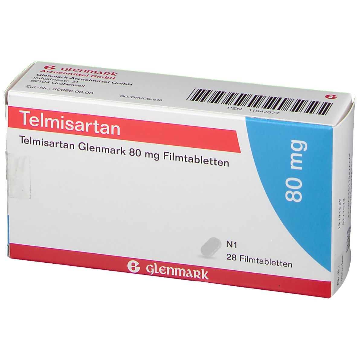 Schachtel mit Telmisartan Glenmark 80 mg Filmtabletten. Blaue und rote Akzente, Glenmark-Logo. 28 Tabletten.