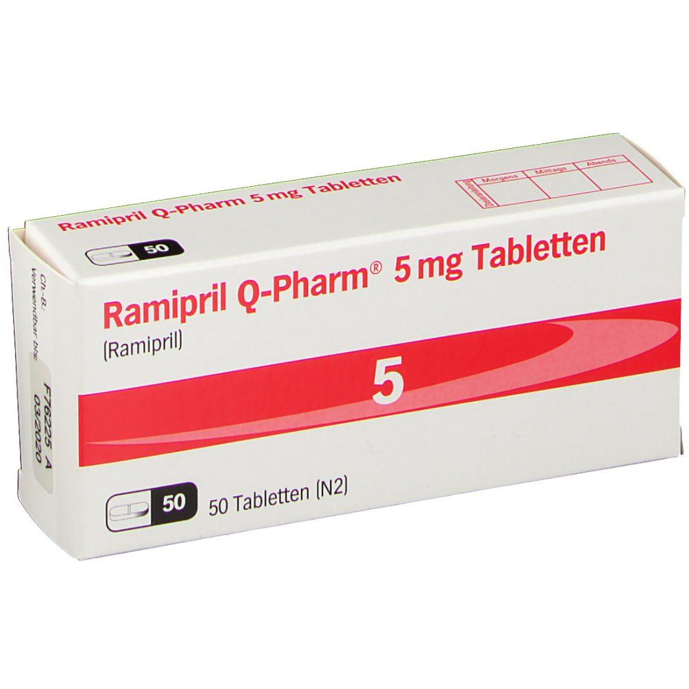 Schachtel mit RAMIPRIL Q-Pharm 5 mg Tabletten. Weiß, mit rotem Streifen und der Zahl 5. 50 Tabletten.
