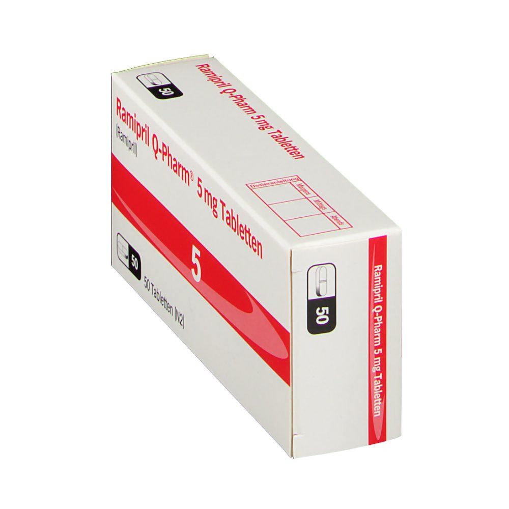 Schachtel RAMIPRIL Q-Pharm 5 mg Tabletten. Weiß, mit rotem Streifen und der Zahl 5. Seitenansicht.