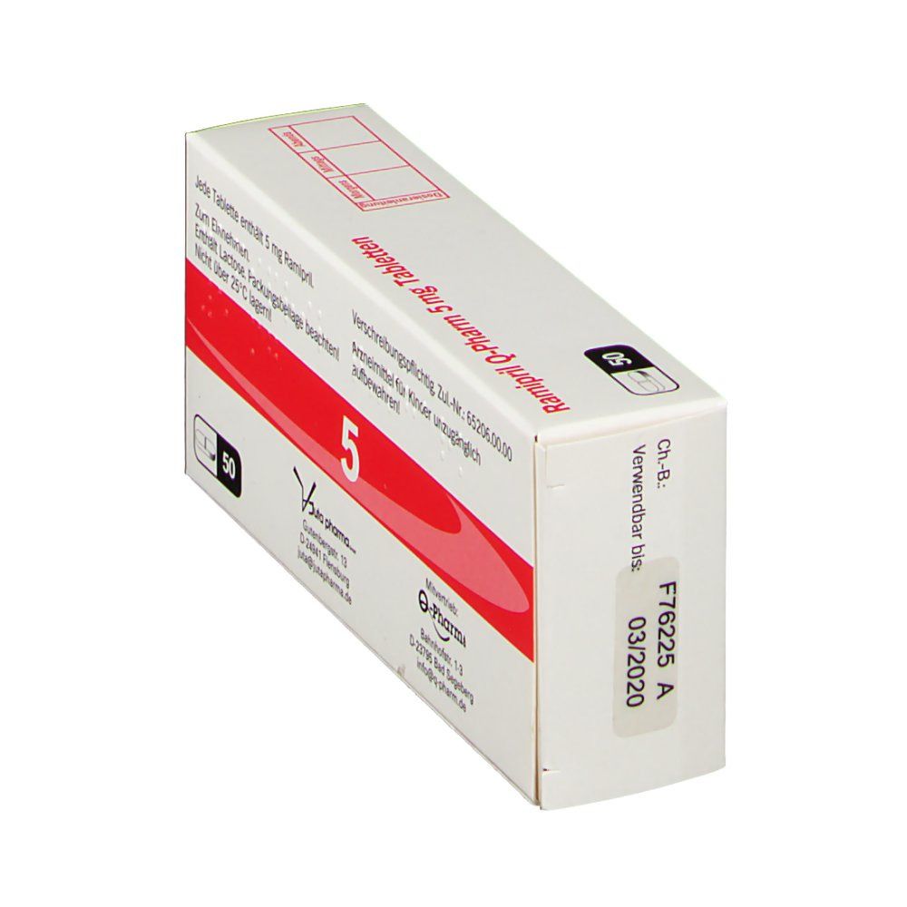 Schachtel RAMIPRIL Q-Pharm 5 mg Tabletten. Rückseite mit Text und Chargennummer. Weiß, rot, Zahl 5.