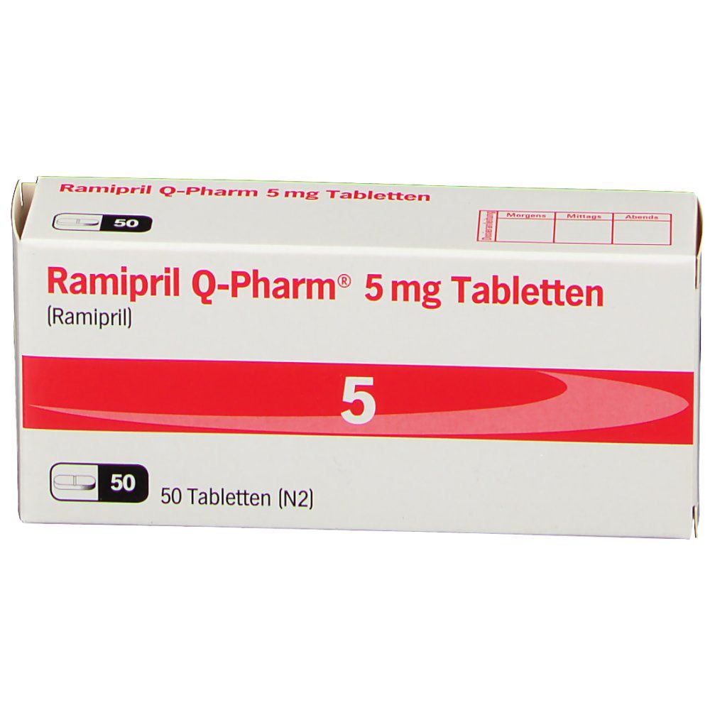 Schachtel RAMIPRIL Q-Pharm 5 mg Tabletten. Weiß, mit rotem Streifen und der Zahl 5. 50 Tabletten.