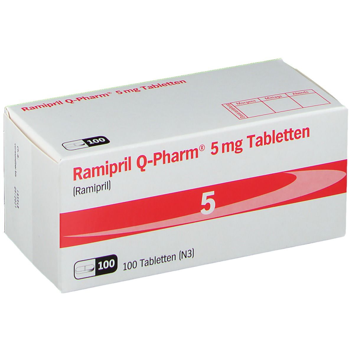 Weiße Schachtel mit rotem Streifen. Aufschrift: Ramipril Q-Pharm 5 mg Tabletten, 5, 100 Tabletten. Packungsbeilage.