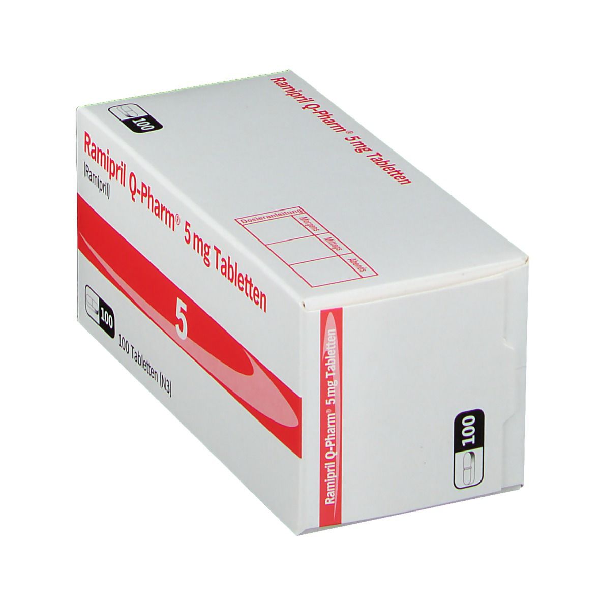 Weiße Schachtel mit rotem Streifen. Aufschrift: Ramipril Q-Pharm 5 mg Tabletten, 5, 100 Tabletten. Seitenansicht.