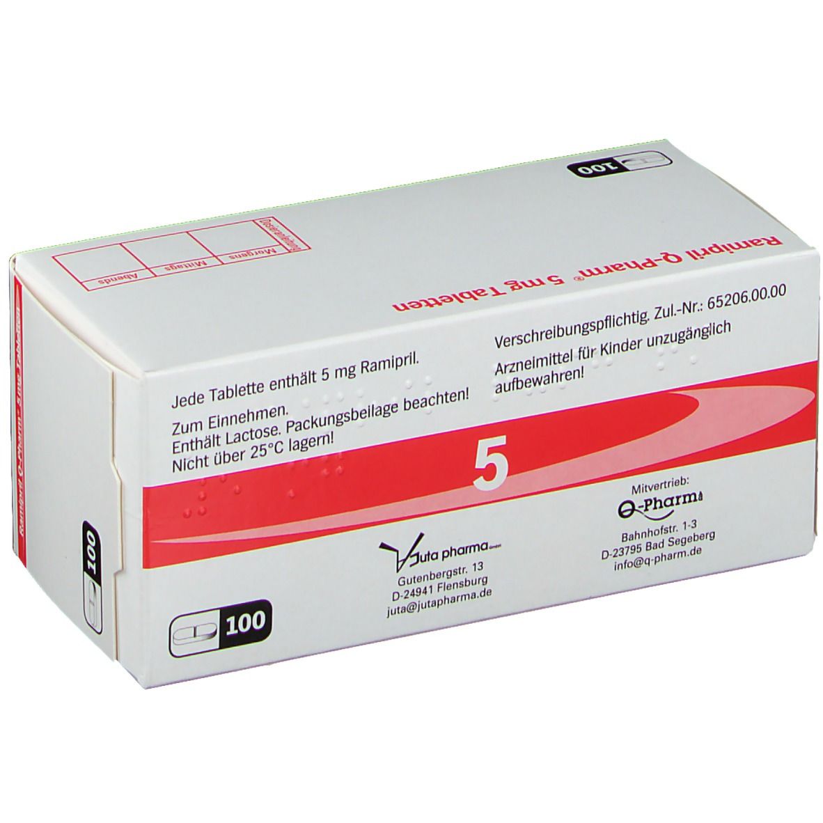 Weiße Schachtel mit rotem Streifen. Aufschrift: Ramipril Q-Pharm 5 mg Tabletten, 5, 100 Tabletten. Herstellerinformationen.