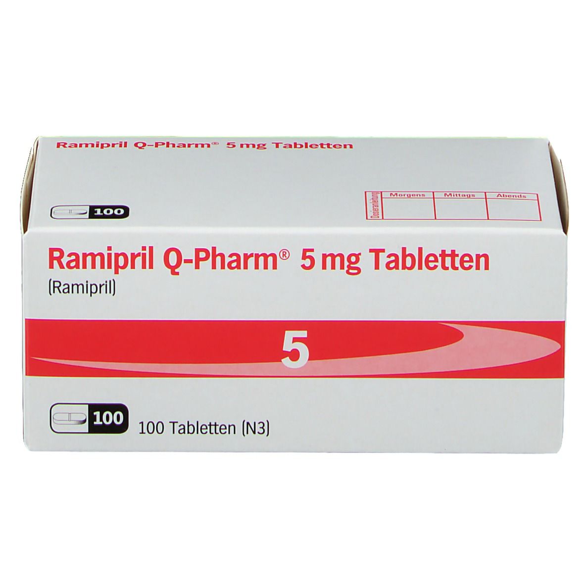 Weiße Schachtel mit rotem Streifen. Aufschrift: Ramipril Q-Pharm 5 mg Tabletten, 5, 100 Tabletten. Vorderansicht.