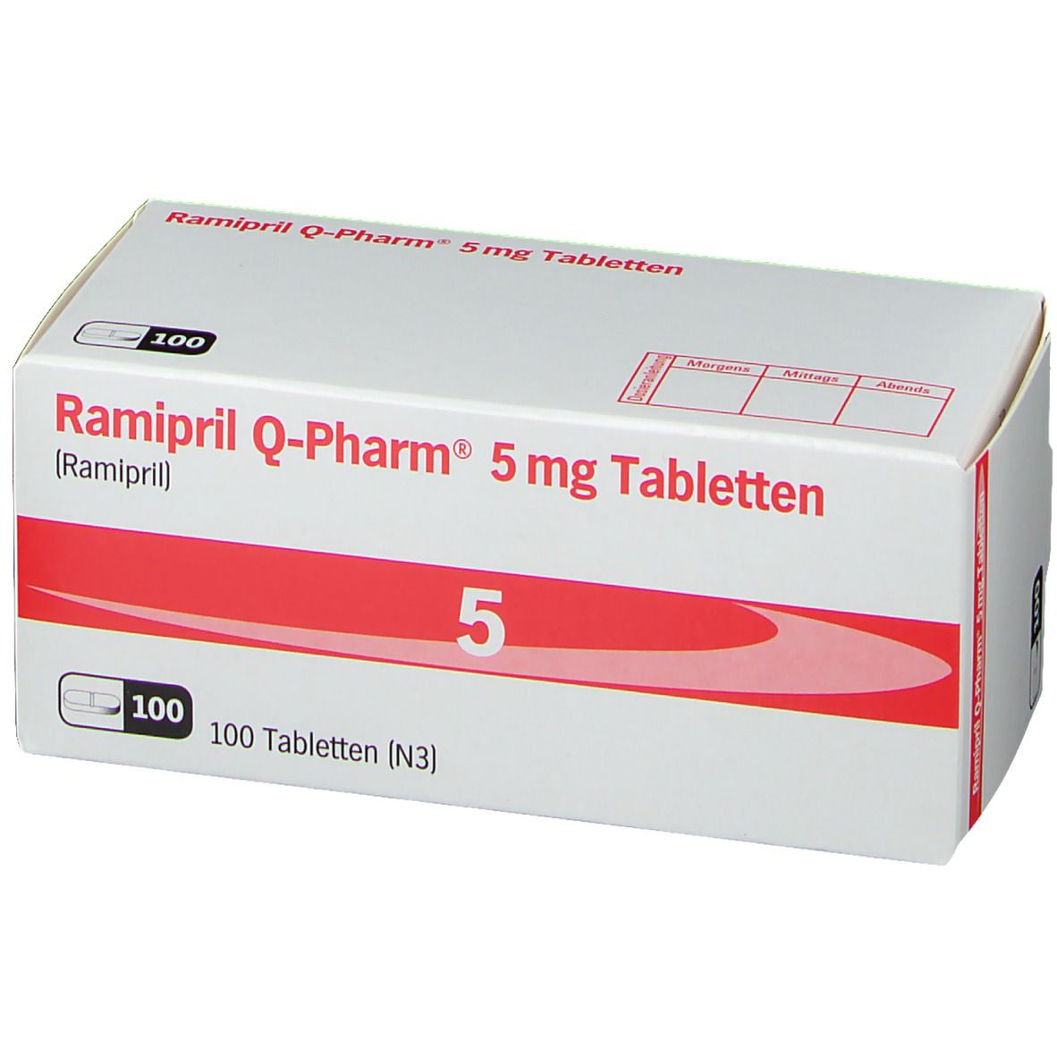 Weiße Schachtel mit rotem Streifen. Aufschrift: Ramipril Q-Pharm 5 mg Tabletten, 5, 100 Tabletten. Vorderansicht.