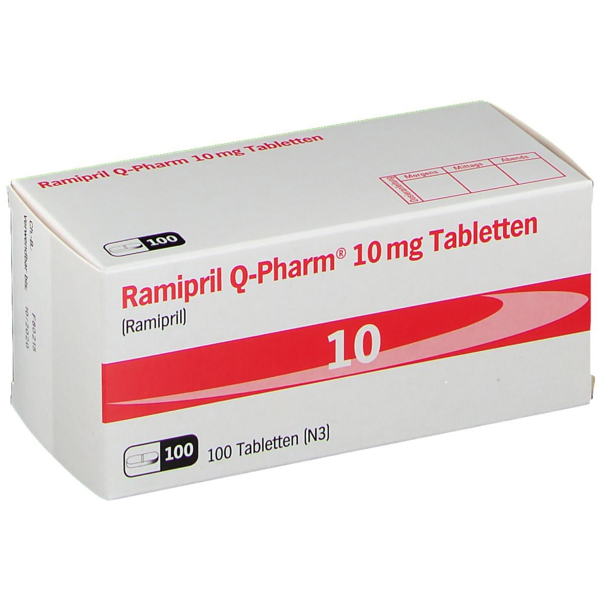Schachtel mit "Ramipril Q-Pharm 10 mg Tabletten". Rote und weiße Gestaltung. "10" und "100 Tabletten" sichtbar.